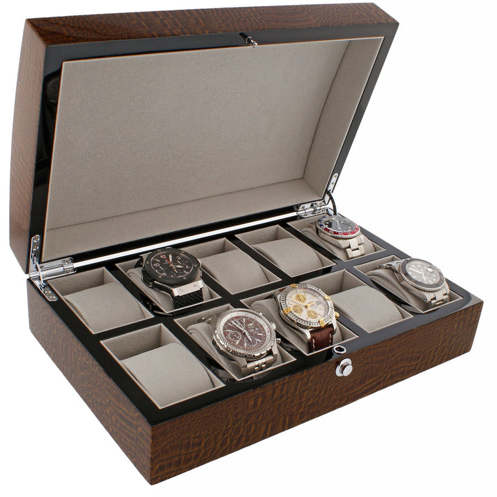 Premium 10 Watch Box in Brown High Gloss Lacquered Crocodile Print Finish by Aevitas