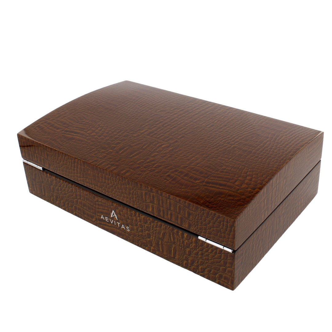 Premium 10 Watch Box in Brown High Gloss Lacquered Crocodile Print Finish by Aevitas