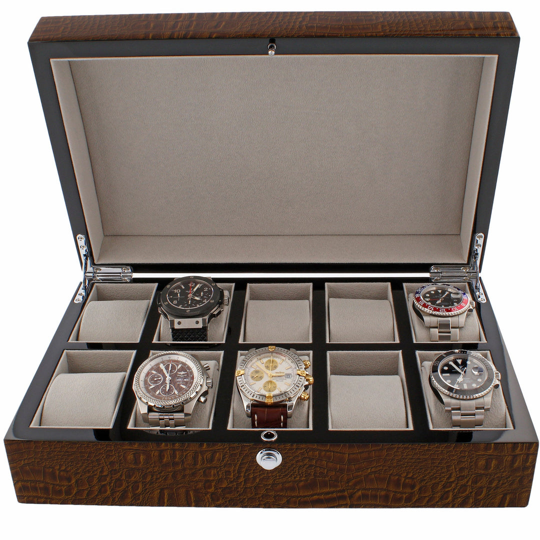 Premium 10 Watch Box in Brown High Gloss Lacquered Crocodile Print Finish by Aevitas