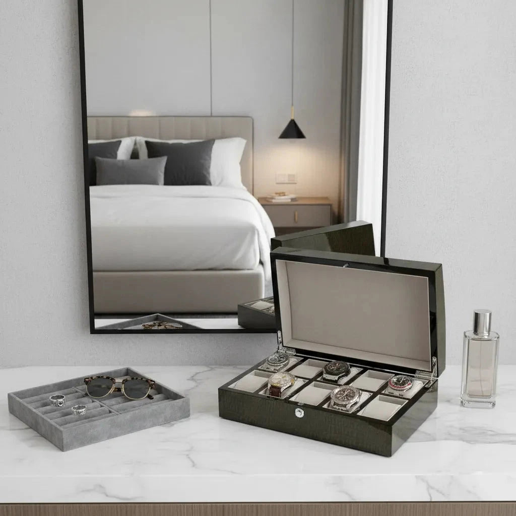 Premium 10 Watch Box in Green High Gloss Lacquered Crocodile Print Finish by Aevitas