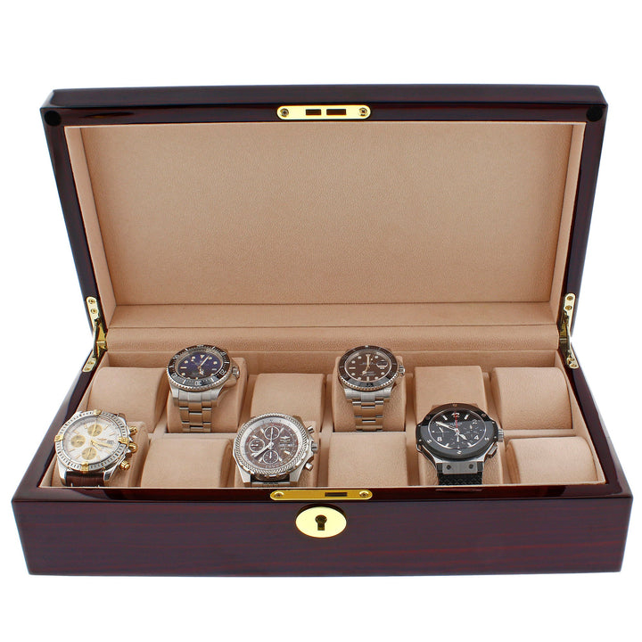 Premium 12 Watch Box in Cherry Wood Piano Gloss Finish with Luxury Lining