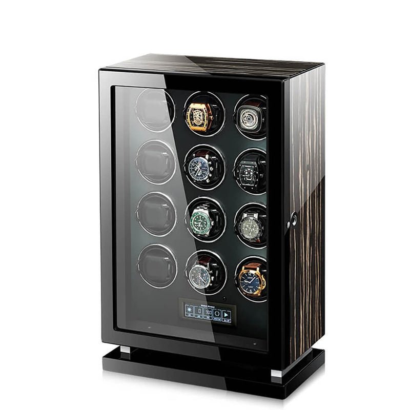 Premium 12 Watch Winder in Zebrano Ebony Wood Piano Lacquer by Aevitas