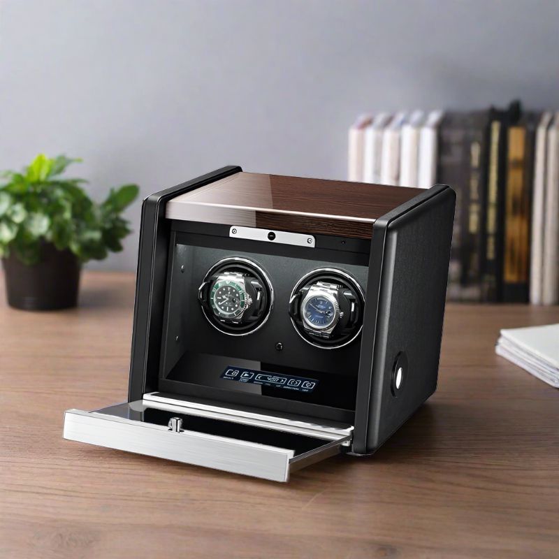 Premium 2 Watch Winder in Dark Walnut Wood with Piano Lacquer by Aevitas