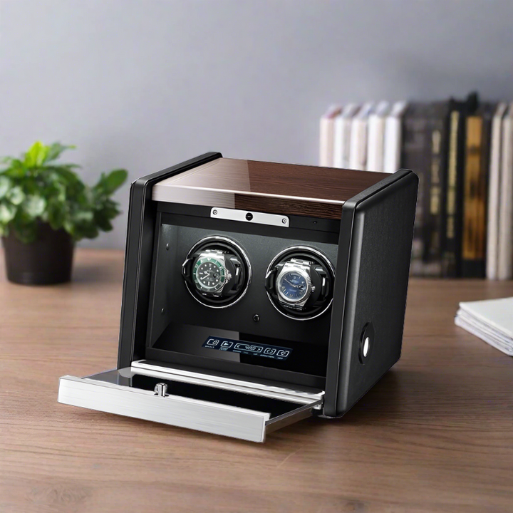 Premium 2 Watch Winder in Dark Walnut Wood with Piano Lacquer by Aevitas