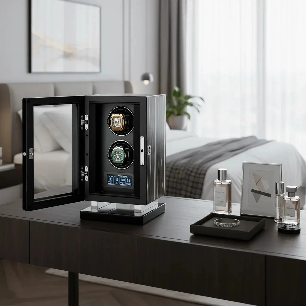 Premium 2 Watch Winder in Zebrano Ebony Wood Piano Lacquer by Aevitas
