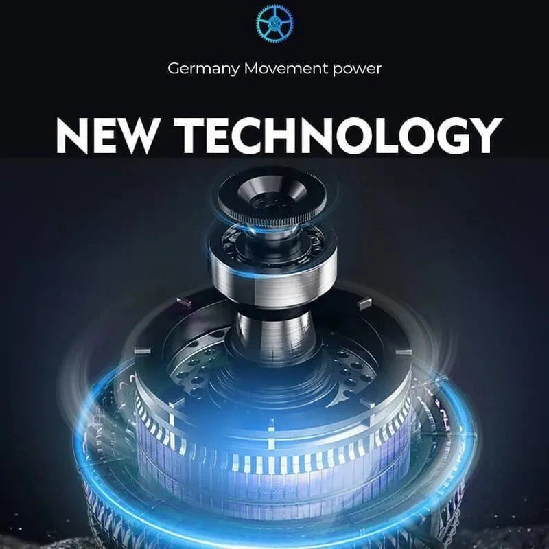 Close-up of the Aevitas Premium 24 Watch Winder in Striped Ebony Wood Piano Lacquer, illuminated with blue light, labeled Germany Movement Power and NEW TECHNOLOGY, showcasing refined engineering and luxurious design.