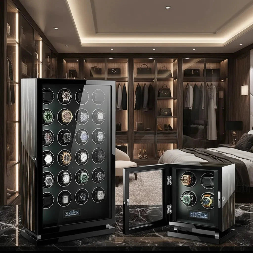 A luxurious walk-in closet showcases the Aevitas Premium 24 Watch Winder in Striped Ebony Wood Piano Lacquer, holding wristwatches. Wooden shelves, designer bags, stylish clothing, and a neatly made bed complete the elegant space.