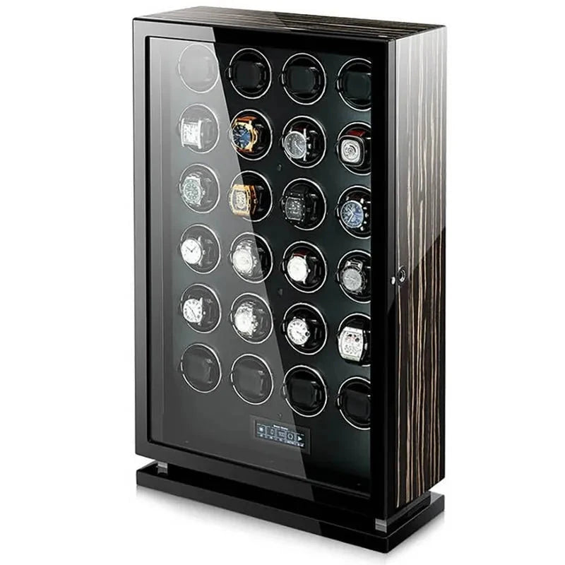 The Aevitas Premium 24 Watch Winder in striped ebony wood piano lacquer features a glass front, displays 24 watches in four rows of six, and includes an electronic control panel at the bottom.