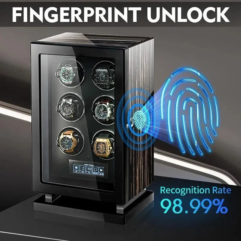 The Aevitas Premium 24 Watch Winder in striped ebony wood piano lacquer features a digital screen, fingerprint unlock with a graphic blue fingerprint, and boasts a high 98.99% recognition rate for secure access.