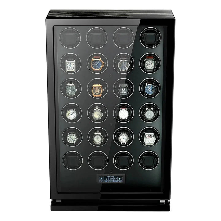 The Aevitas Premium 24 Watch Winder features a black striped ebony wood piano lacquer cabinet with a glass front, individual circular slots for 24 watches in four rows of six, and a digital control panel at the bottom.