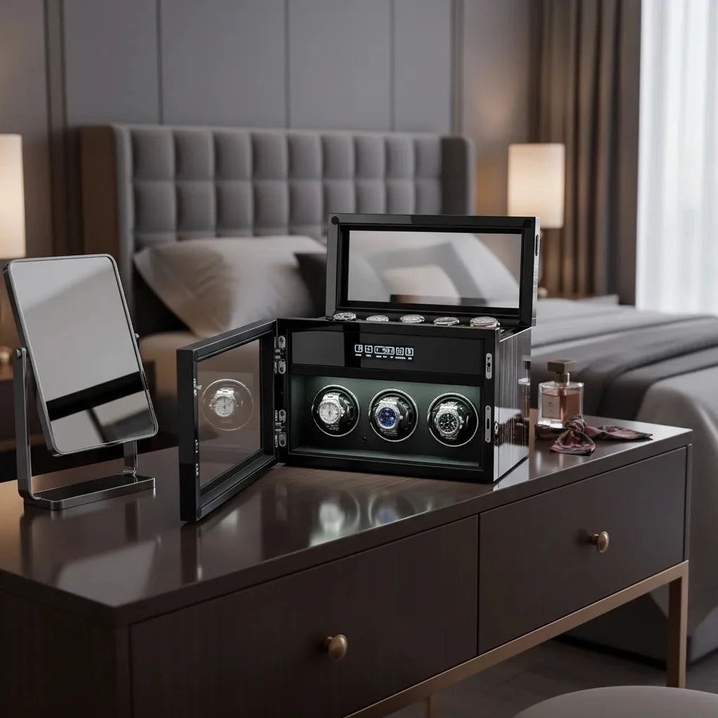 Premium 3 Watch Winder with Storage in Zebrano Ebony Wood by Aevitas