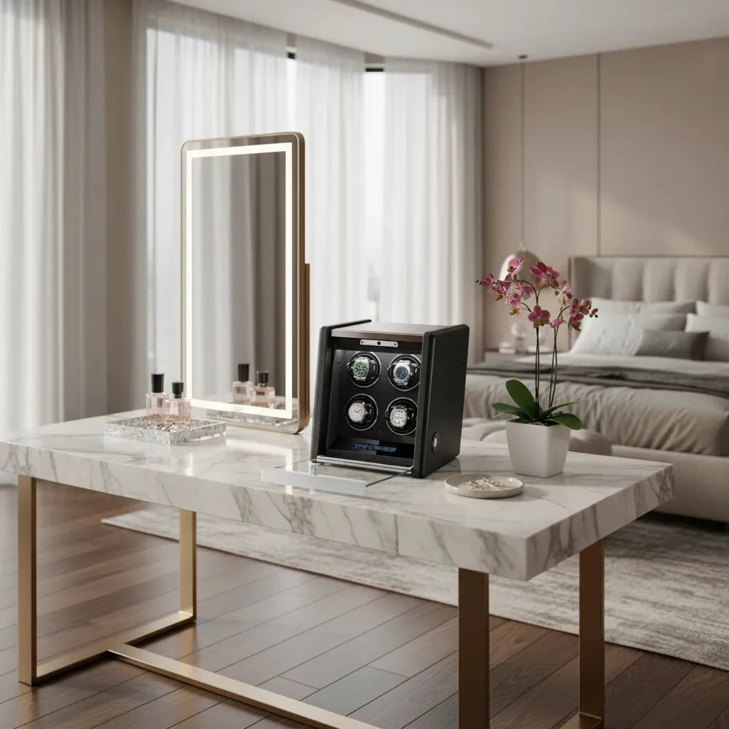 Premium 4 Watch Winder in Dark Walnut Wood with Piano Lacquer by Aevitas