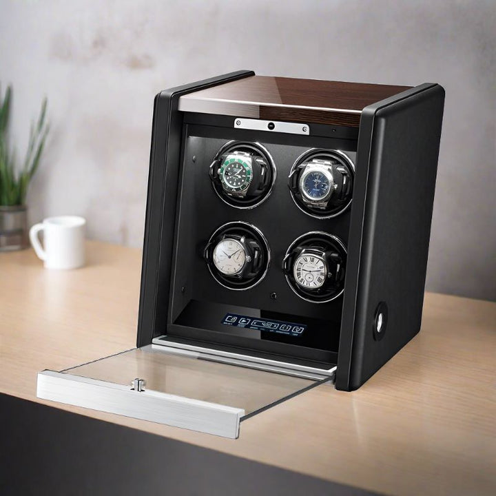 Premium 4 Watch Winder in Dark Walnut Wood with Piano Lacquer by Aevitas