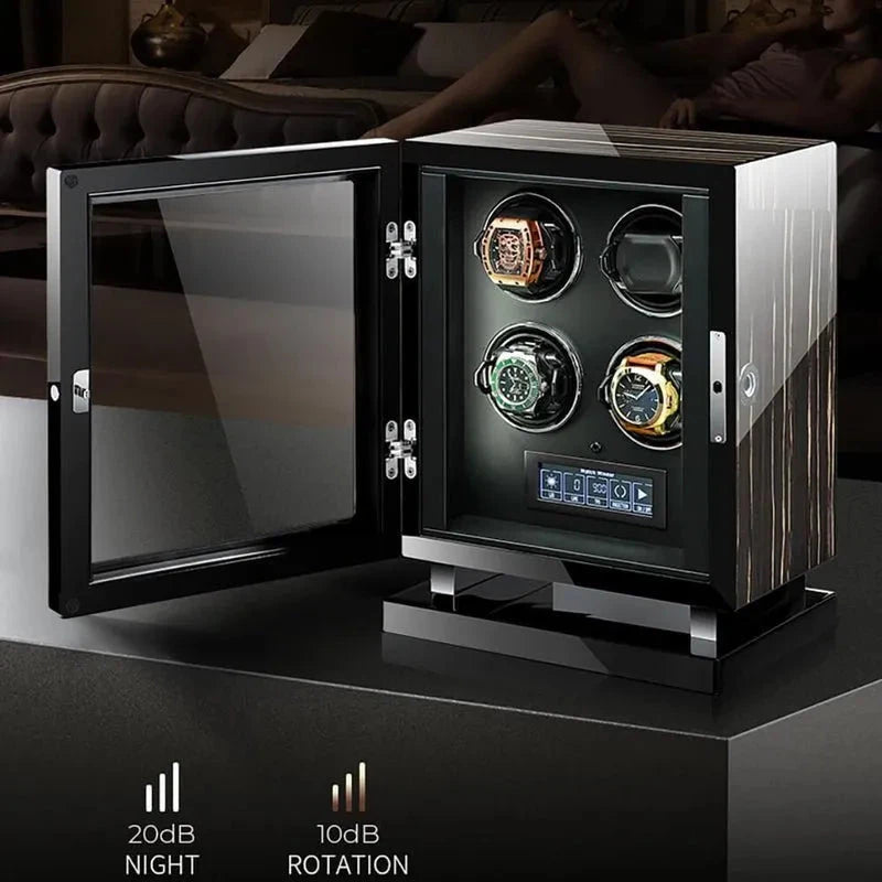 Premium 4 Watch Winder in Zebrano Ebony Wood Piano Lacquer by Aevitas