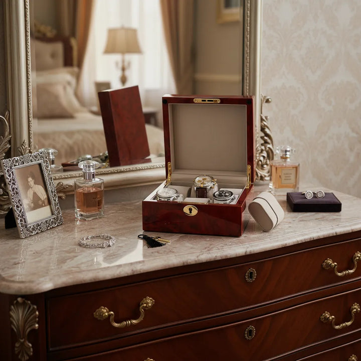 Premium 6 Watch Box in Burl Wanut Wood Piano Gloss Finish with Luxury Lining