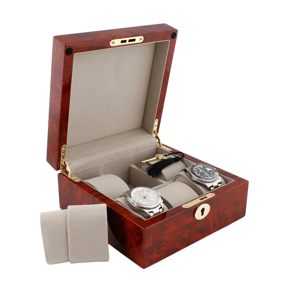 Premium 6 Watch Box in Burl Wanut Wood Piano Gloss Finish with Luxury Lining