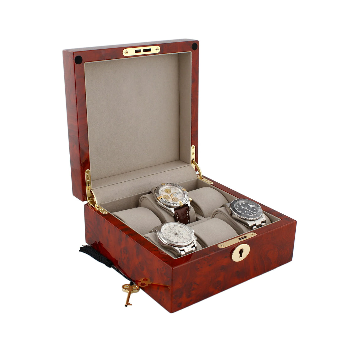 Premium 6 Watch Box in Burl Wanut Wood Piano Gloss Finish with Luxury Lining