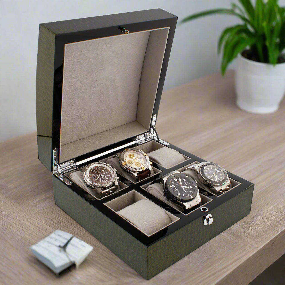 Premium 6 Watch Box in Green High Gloss Lacquered Crocodile Print Finish by Aevitas