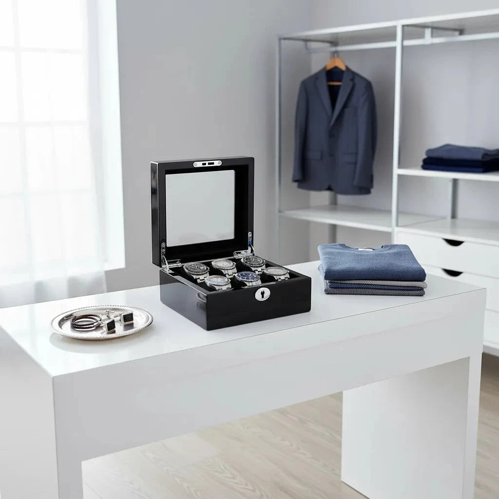 Premium 6 Watch Box in Piano Black Gloss Finish with Black Luxury Lining