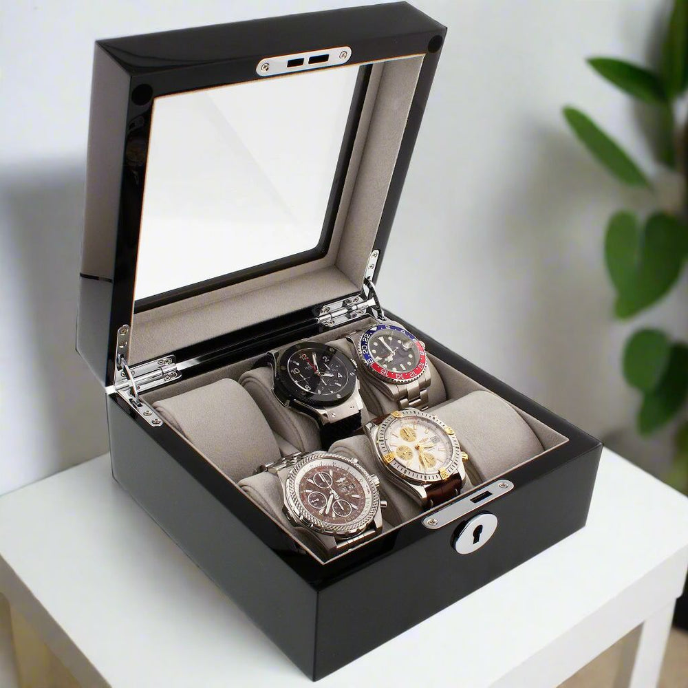 Premium 6 Watch Box in Piano Black Gloss Finish with Grey Luxury Lining