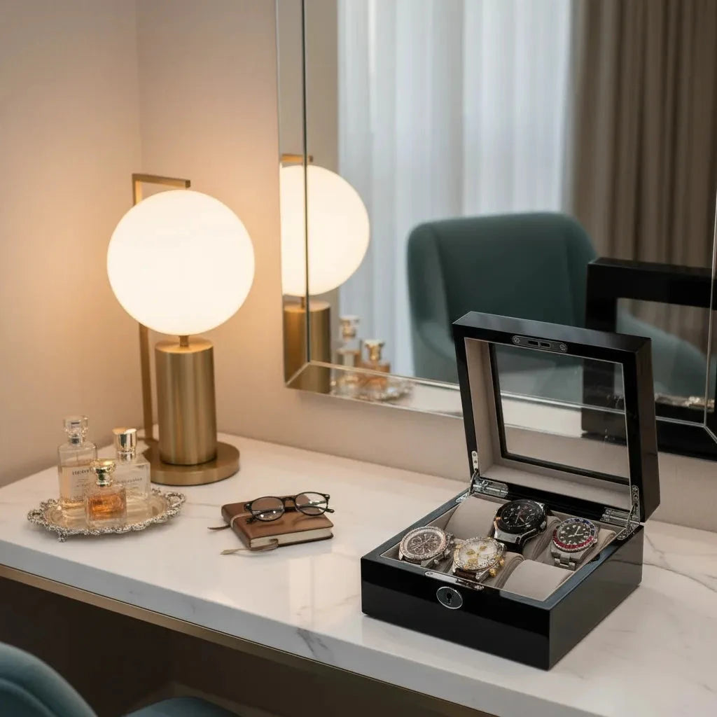 Premium 6 Watch Box in Piano Black Gloss Finish with Grey Luxury Lining