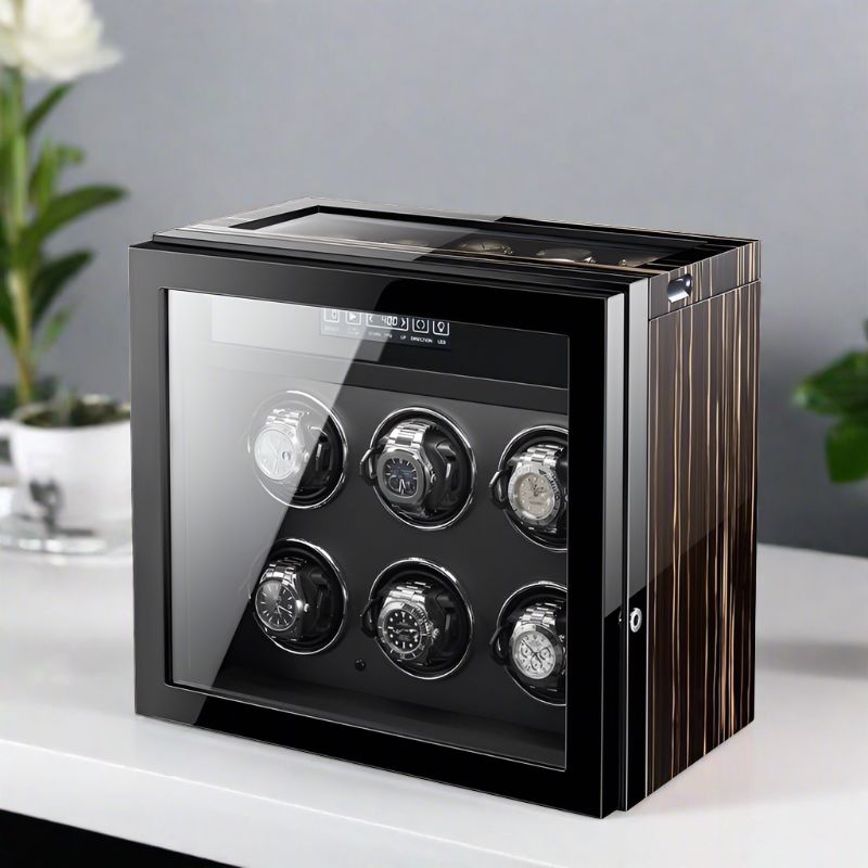 Premium 6 Watch Winder with Storage in Zebrano Ebony Wood by Aevitas