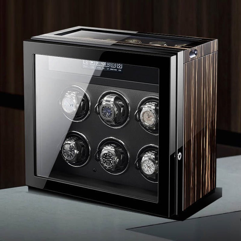Premium 6 Watch Winder with Storage in Zebrano Ebony Wood by Aevitas