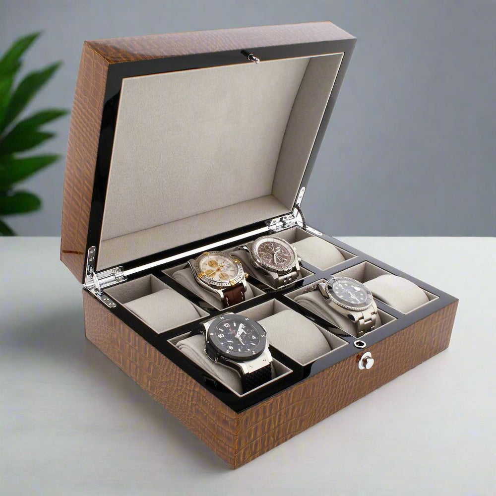 Premium 8 Watch Box in Brown High Gloss Lacquered Crocodile Print Finish by Aevitas