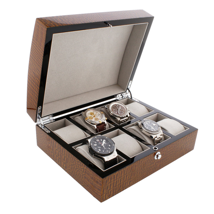 Premium 8 Watch Box in Brown High Gloss Lacquered Crocodile Print Finish by Aevitas