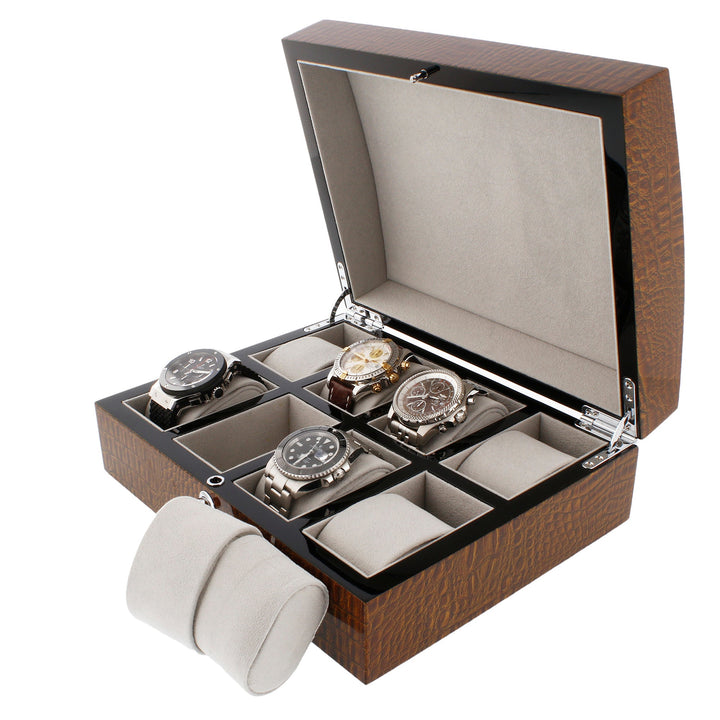 Premium 8 Watch Box in Brown High Gloss Lacquered Crocodile Print Finish by Aevitas