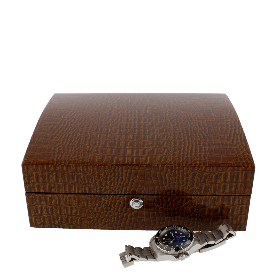 Premium 8 Watch Box in Brown High Gloss Lacquered Crocodile Print Finish by Aevitas