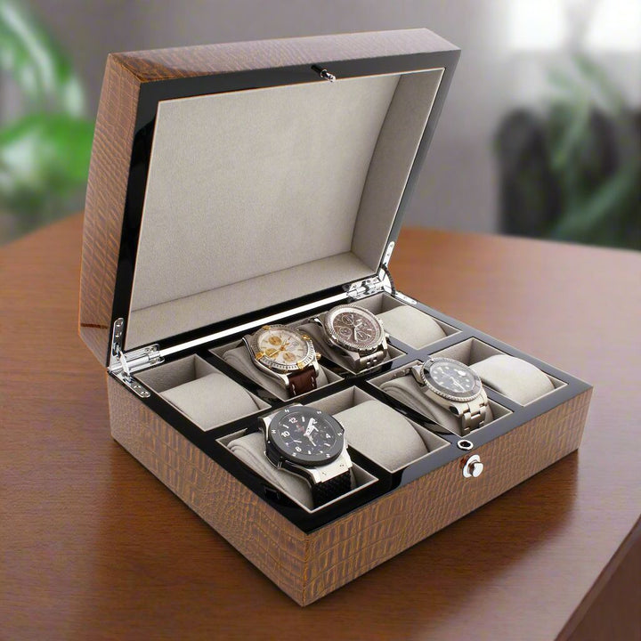 Premium 8 Watch Box in Brown High Gloss Lacquered Crocodile Print Finish by Aevitas