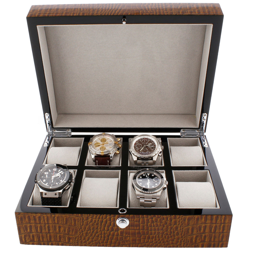 Premium 8 Watch Box in Brown High Gloss Lacquered Crocodile Print Finish by Aevitas