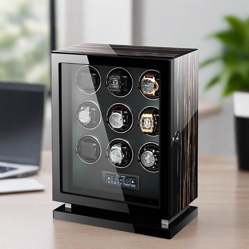 Premium 9 Watch Winder in Striped Ebony Wood Piano Lacquer by Aevitas