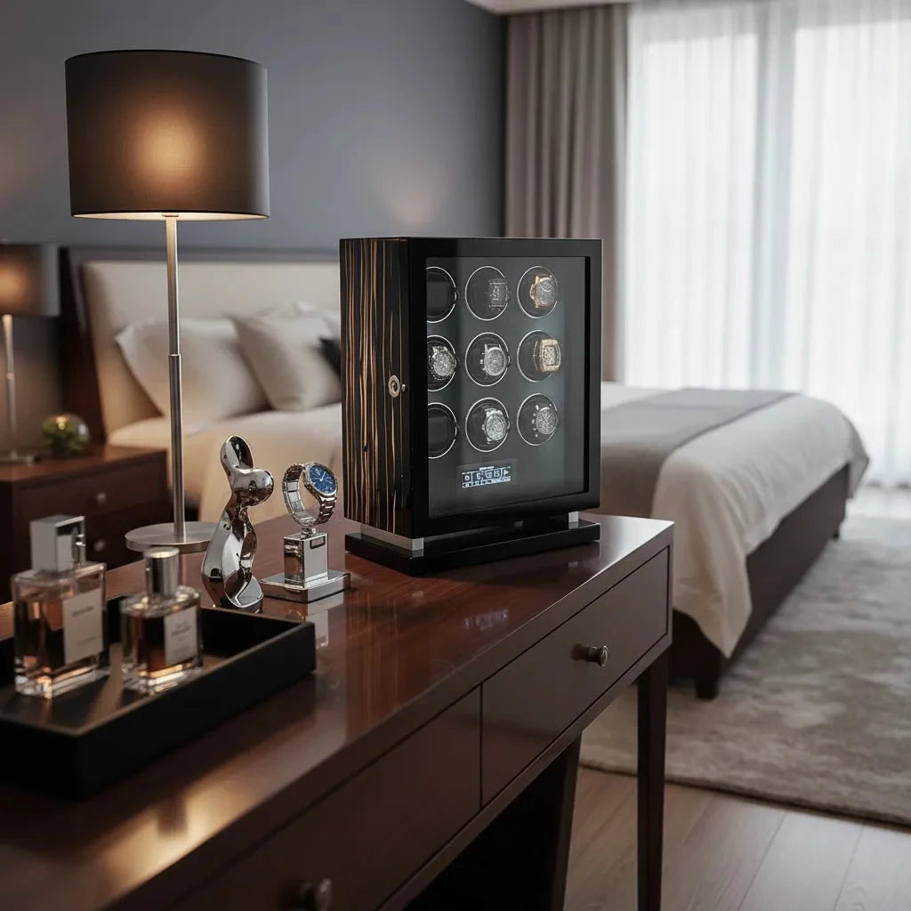 Premium 9 Watch Winder in Striped Ebony Wood Piano Lacquer by Aevitas