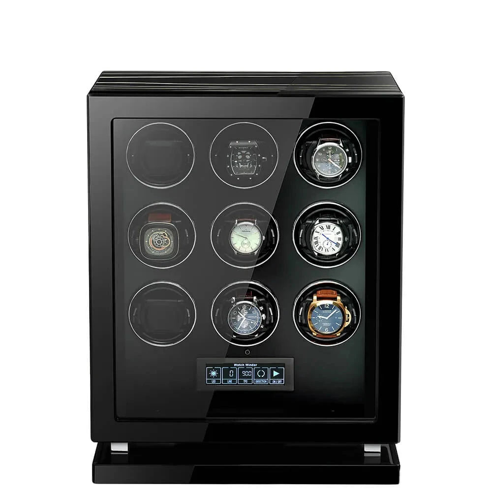 Premium 9 Watch Winder in Striped Ebony Wood Piano Lacquer by Aevitas