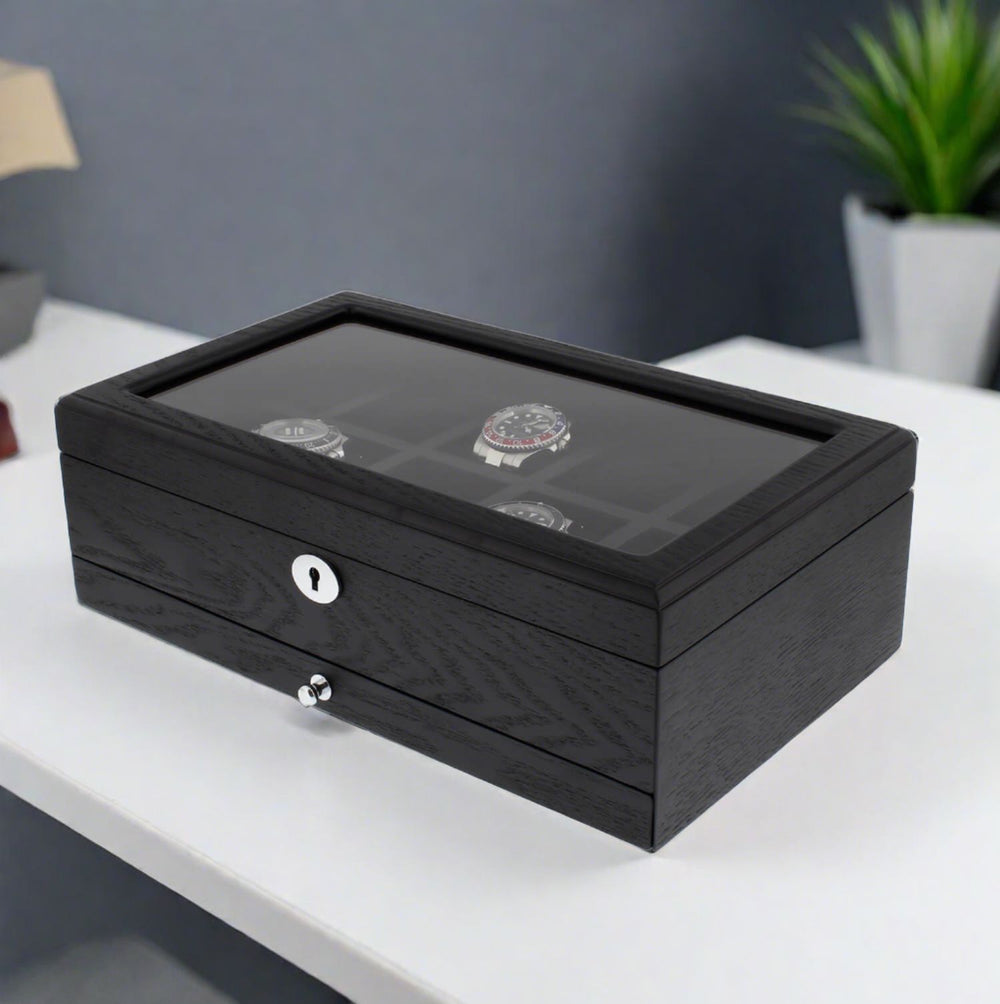 Premium Black Oak Veneer Watch Box for 10 Watches Extra Storage Drawer