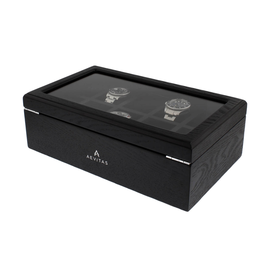 Premium Black Oak Veneer Watch Box for 10 Watches Extra Storage Drawer