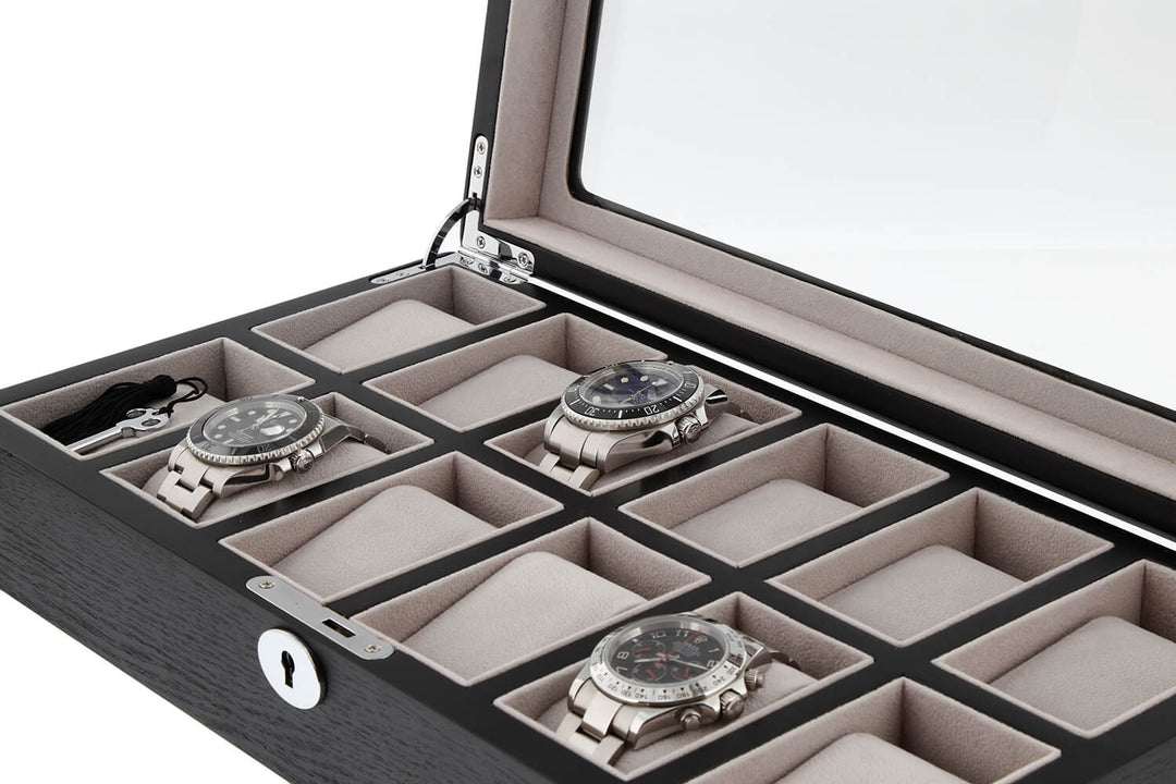 Premium Black Oak Veneer Watch Box for 12 Watches