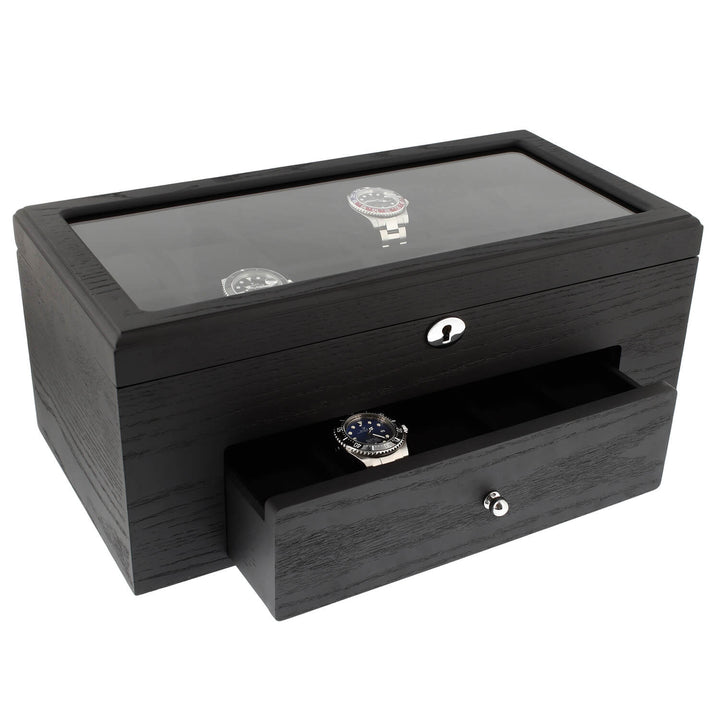 Premium Black Oak Veneer Watch Box for 22 Watches with Drawer