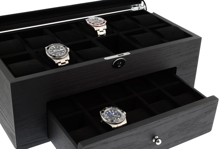 Premium Black Oak Veneer Watch Box for 22 Watches with Drawer