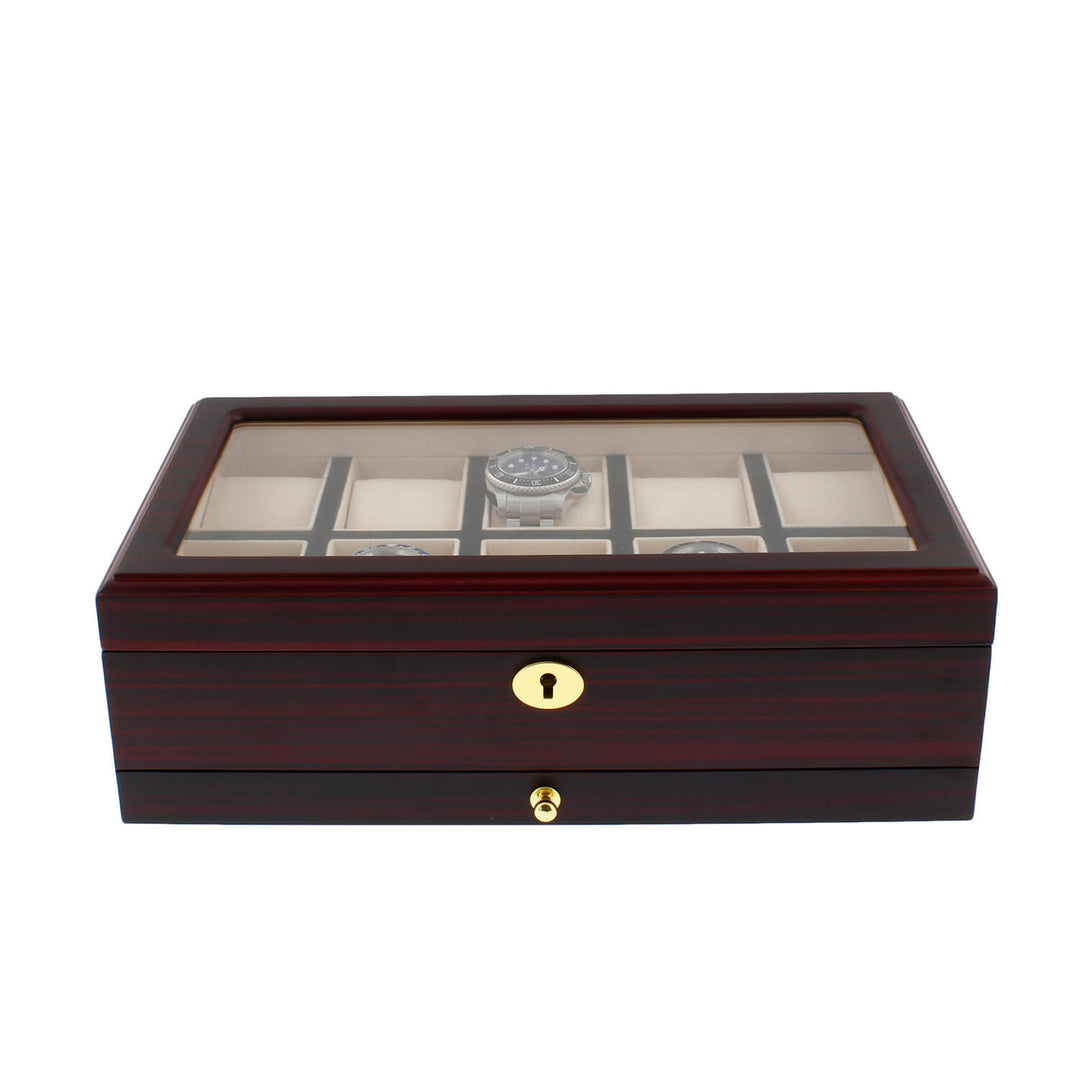 Premium Cherry Wood Satin Finish Watch Box for 10 Watches Extra Storage Drawer