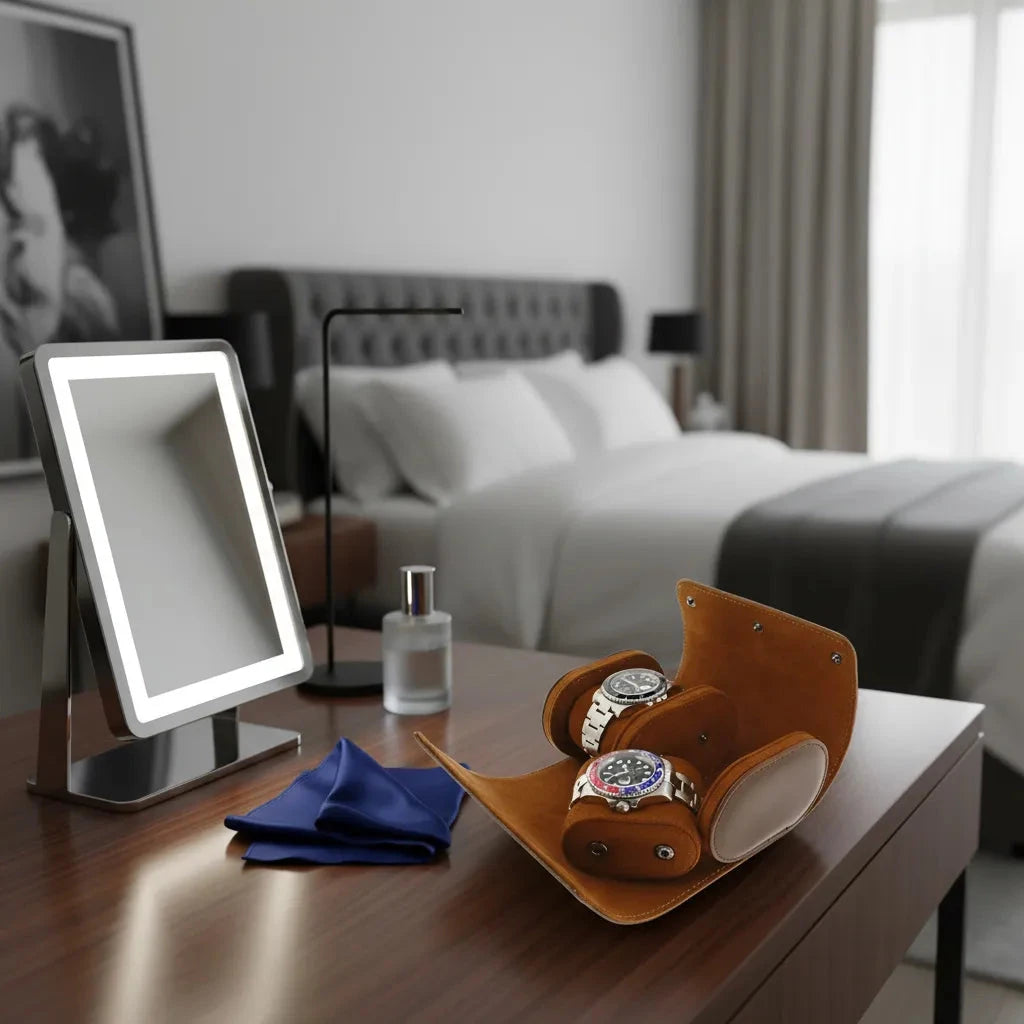 Premium Double Watch Roll Brown Leather Super Soft Tan Suede Lining