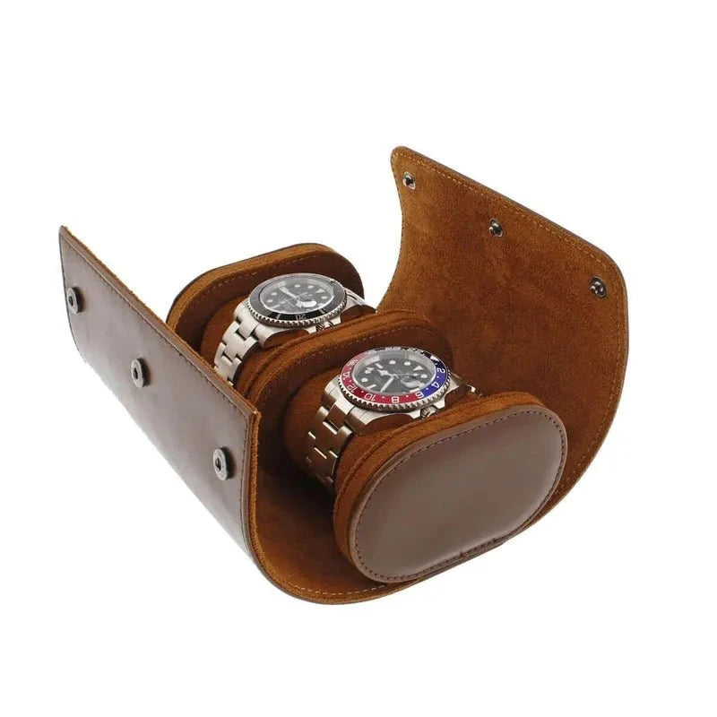 Premium Double Watch Roll Brown Leather Super Soft Tan Suede Lining