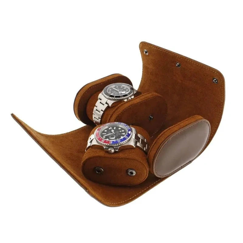 Premium Double Watch Roll Brown Leather Super Soft Tan Suede Lining