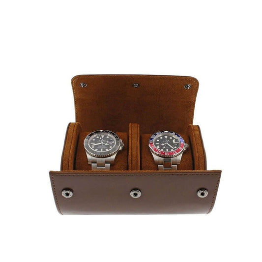 Premium Double Watch Roll Brown Leather Super Soft Tan Suede Lining