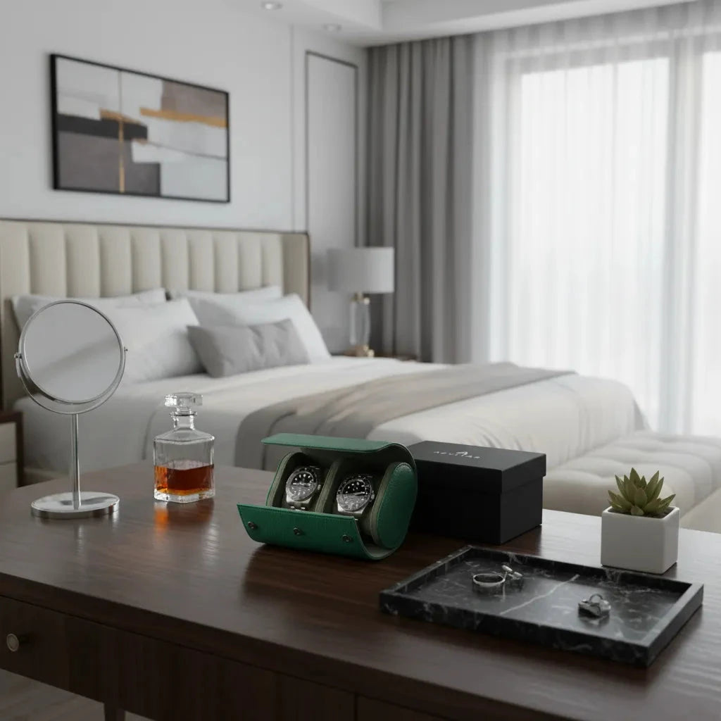 Premium Double Watch Roll Green Leather with Super Soft Suede Lining