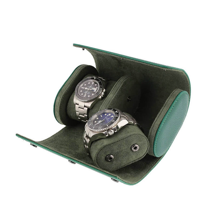 Premium Double Watch Roll Green Leather with Super Soft Suede Lining