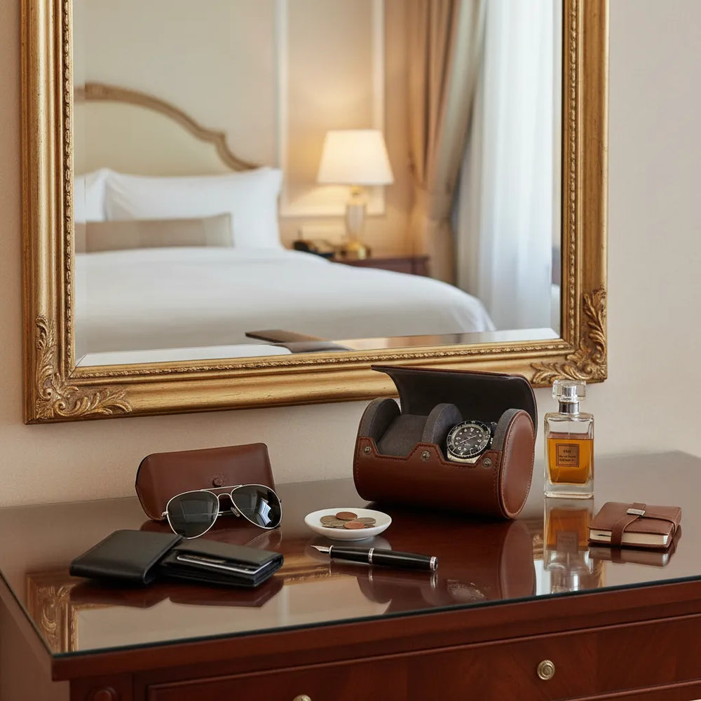 A hotel room dresser with a mirror reflecting a bed and lamp. On the dresser are an Aevitas Premium Double Watch Roll in vintage brown leather with super soft grey suede lining, sunglasses, wallet, pen, coins, cologne, and a small brown notebook.