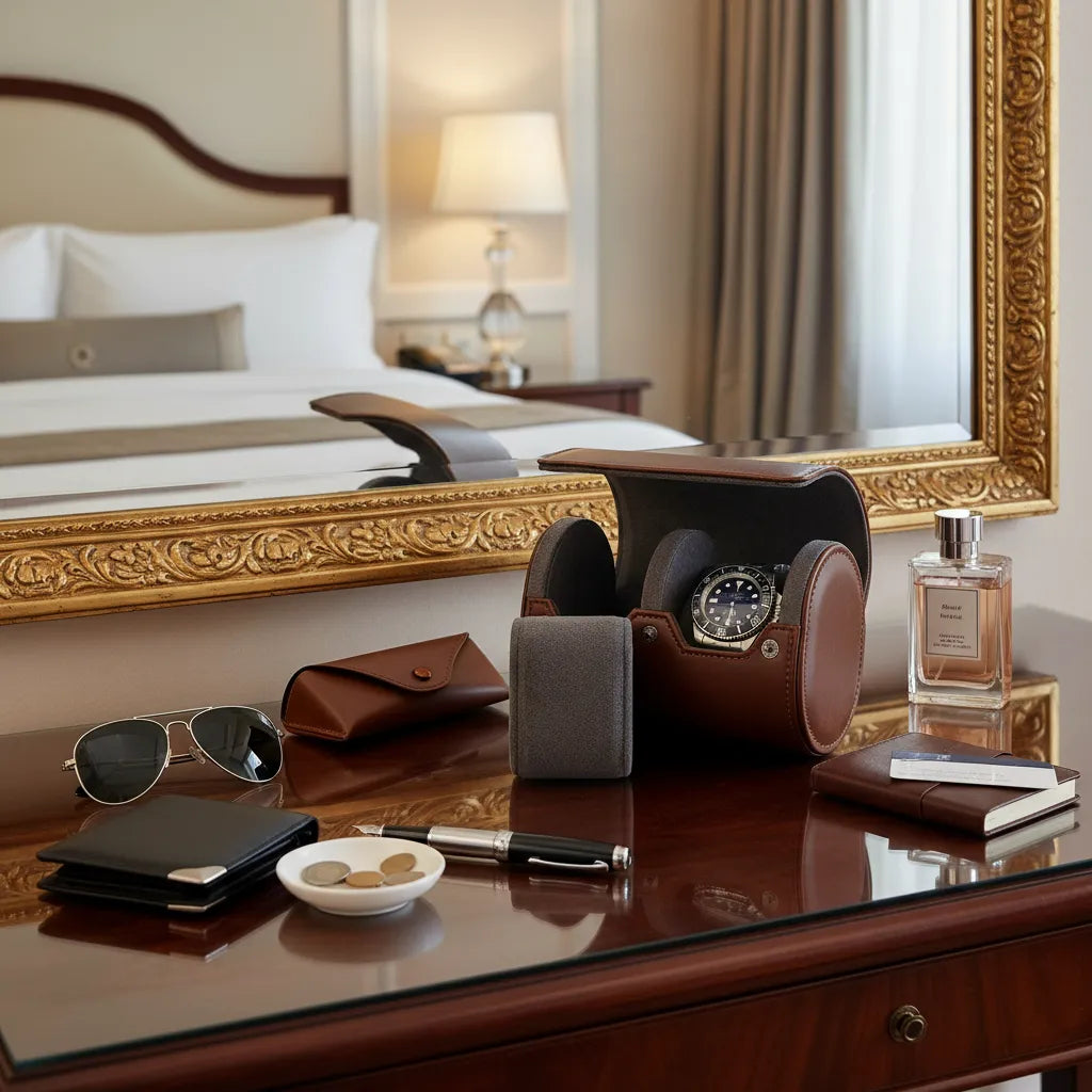 A hotel room vanity with a gold-framed mirror displays the Aevitas Premium Double Watch Roll in vintage brown leather and soft grey suede, alongside sunglasses, wallet, coins, pen, cologne, and other accessories; the bed and lamp reflect softly.